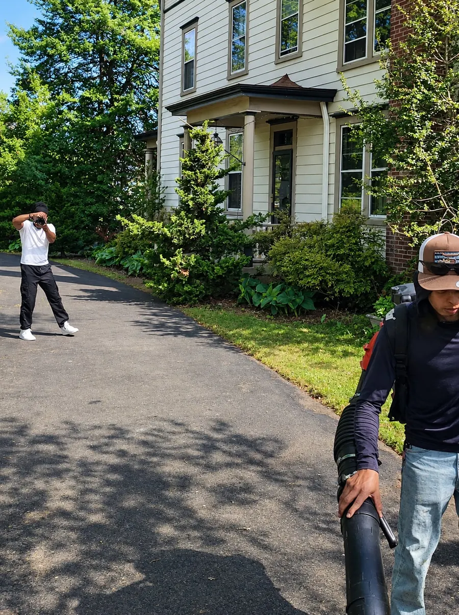 Yvad photographing a Lawns By Rainey crew member clearing a driveway on a real job