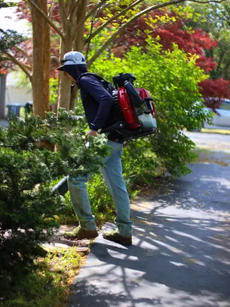 Lawns By Rainey crew member clearing a garden bed with a backpack blower