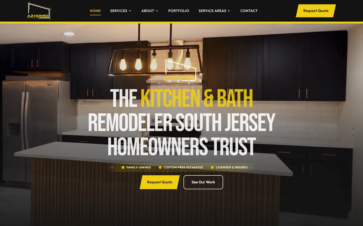 The AZ Home Remodeling homepage we built, headlined “The kitchen and bath remodeler South Jersey homeowners trust”