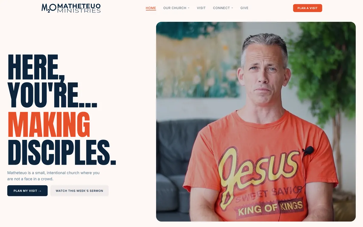 The Matheteuo Ministries homepage we built, headlined “Here, you are becoming disciples”