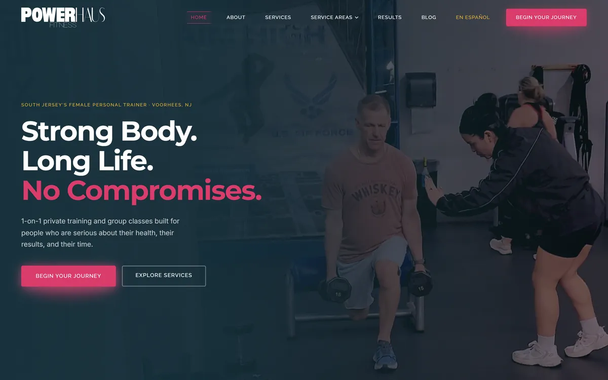 The PowerHaus Fitness homepage we built, headlined “Strong body. Long life. No compromises.”